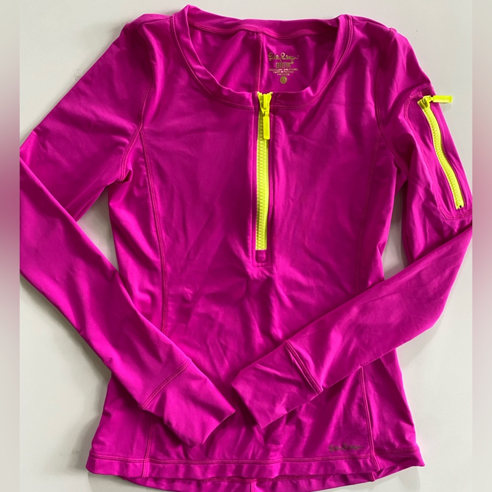 Lilly Pulitzer Luxletic Neon Pink Long Sleeve 1/4 Zip Athletic Top - Picture 3 of 7